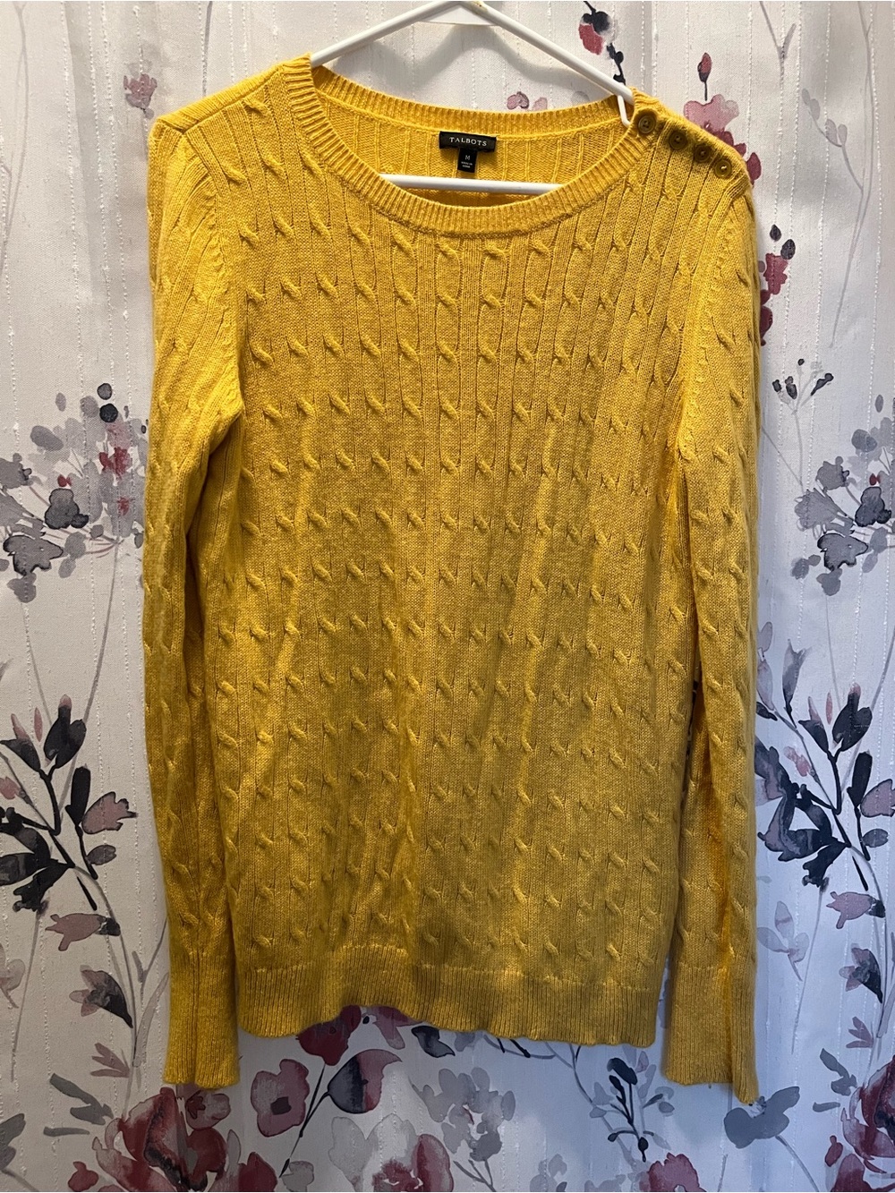 Talbots Yellow Cable-Knit Crewneck Sweater with Shoulder Buttons